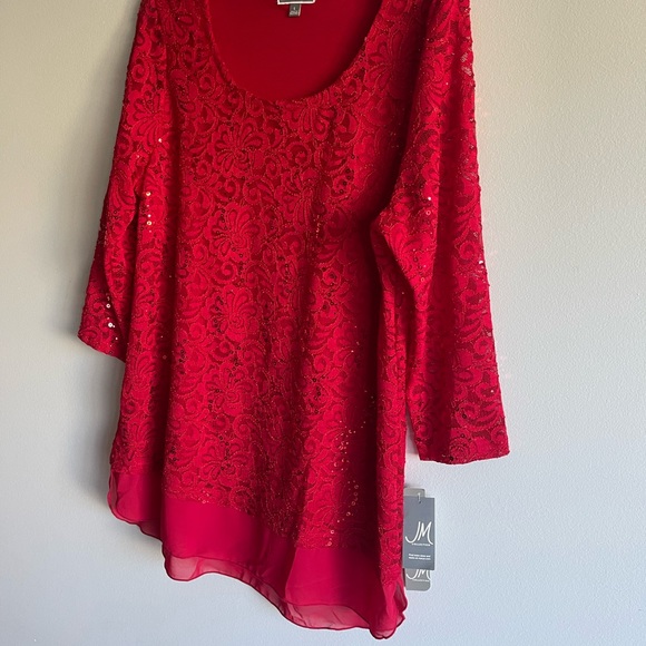 Red Long Tunic Top Size Large New with Tags Lace and Sparkly Sequins overlay - Picture 2 of 5